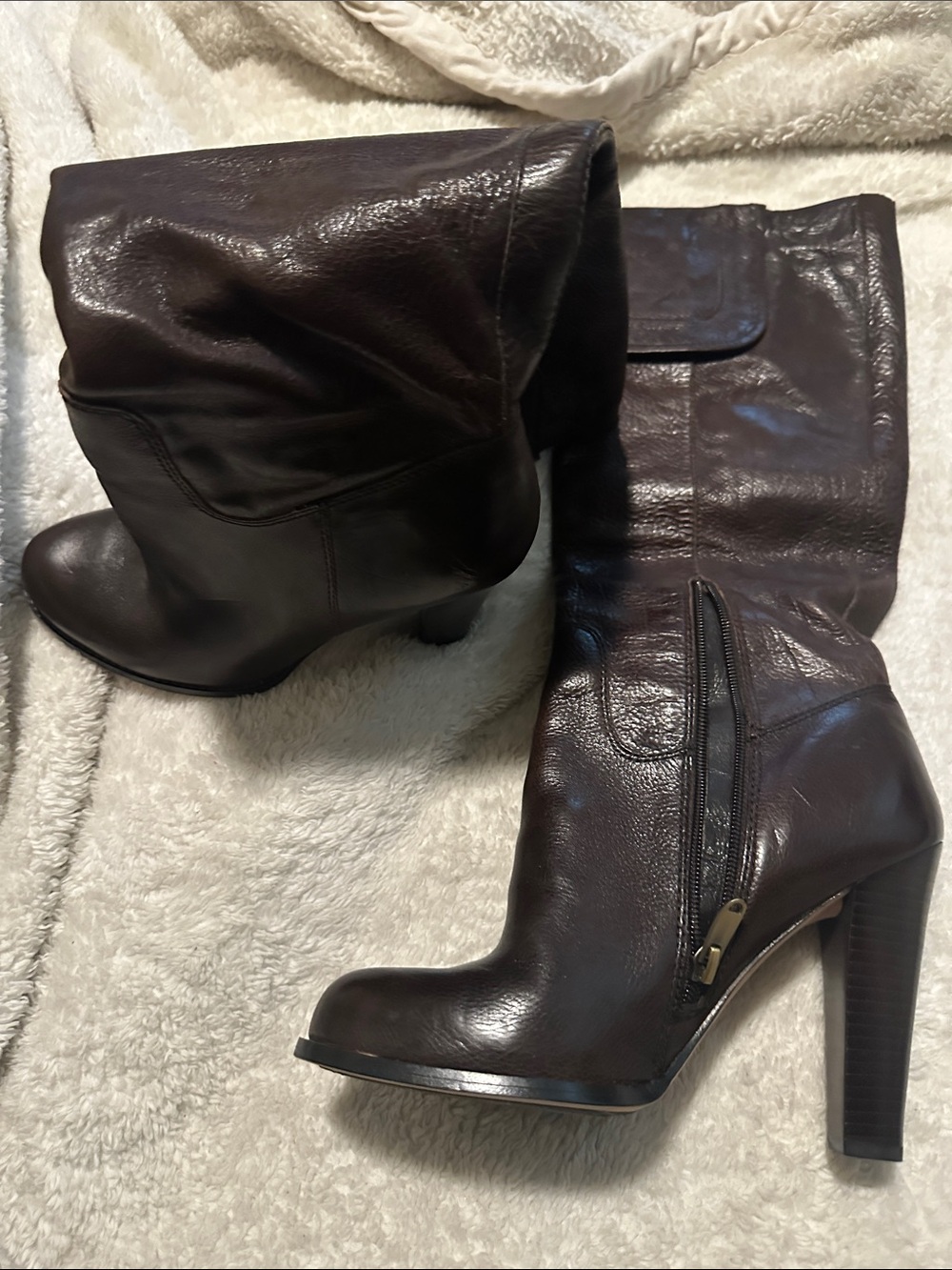 Joan & David Dark Brown Leather High-Heel Knee Boots (worn once on a runway)